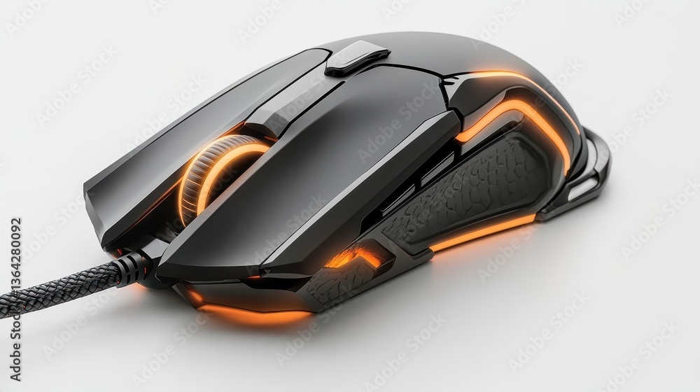 An illuminated gaming mouse sits isolated on a white surface An illuminated gaming mouse sits isolated on a white surface