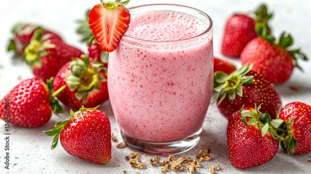 A glass of strawberry smoothie is on a table with a bunch of strawberries A glass of strawberry smoothie is on a table with a bunch of strawberries