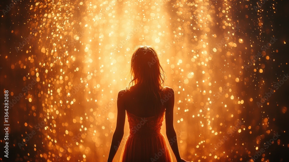 Naklejka premium Golden Hour Enchantment: A Woman Silhouetted Against a Sparkling, Amber Backdrop