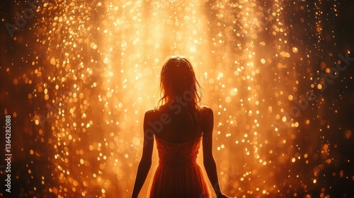 Golden Hour Enchantment: A Woman Silhouetted Against a Sparkling, Amber Backdrop