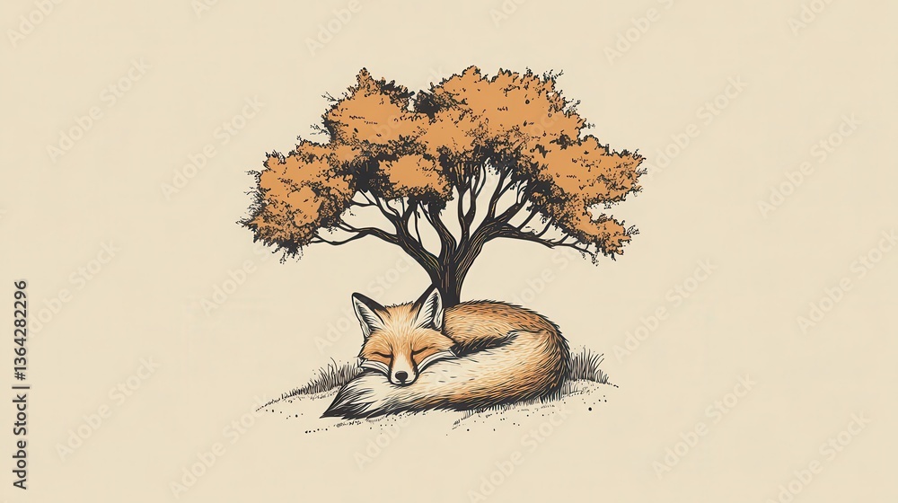 Fototapeta premium Sleeping Fox Autumn Tree Illustration Art.