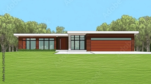 Modern house design suburban area architectural rendering green landscape front view contemporary style
