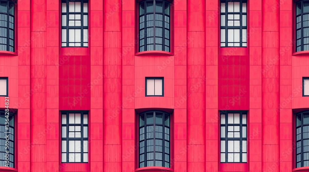 Obraz premium Symmetrical red building facade with multiple windows and vertical lines