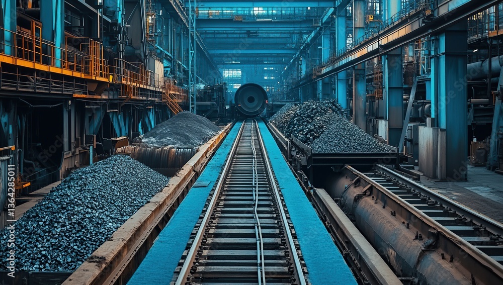 Obraz premium Industrial Factory Interior with Metal Cargo and Rails