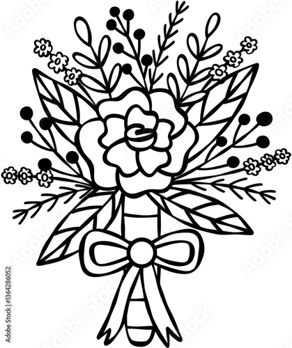 Groom's Boutonniere Hand Drawn Line Art Vector Illustration