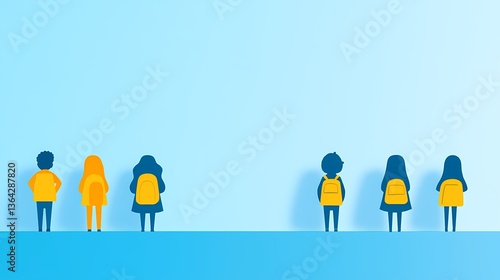 Back to School, Students in Line, Paper cut out illustration of children with backpacks.