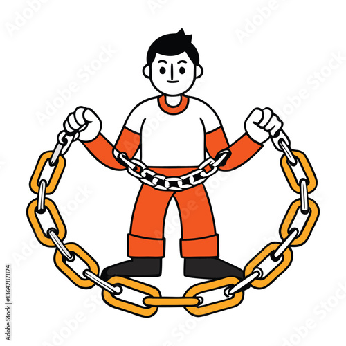 A man is encircled by a strong chain, symbolizing constraints or protection, with the links tightly wrapping around him, creating a visual of confinement or connection.