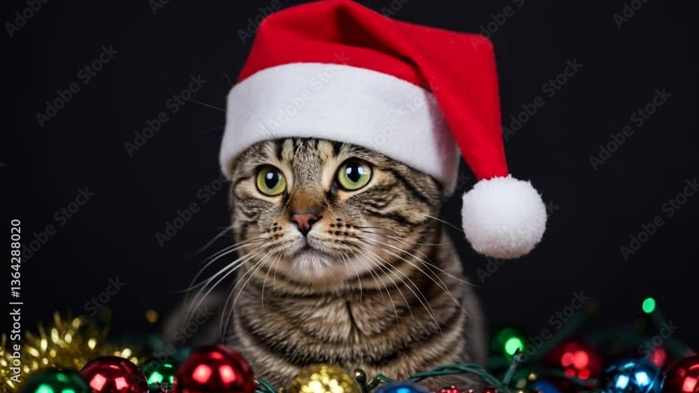 Festive Tabby Cat in Santa Hat Amidst Christmas Lights Festive Tabby Cat in Santa Hat Amidst Christmas Lights