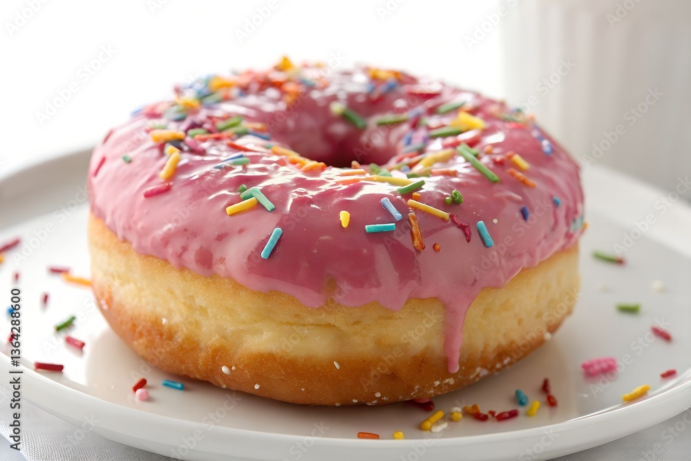 Delicious Pink Donut with Rainbow Sprinkles on White Plate Delicious Pink Donut with Rainbow Sprinkles on White Plate