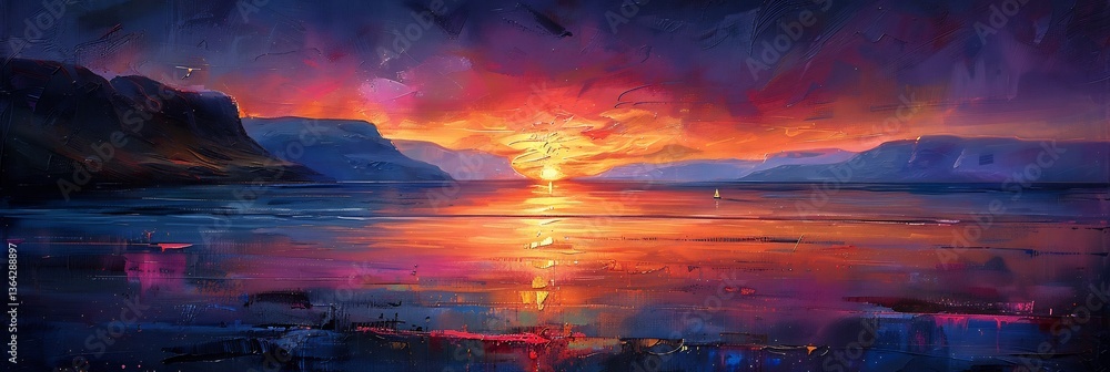 The sun setting over a quiet cove, where the water is still and reflects the vibrant colors of the sky, with a few small boats anchored near the shore and distant mountains on the horizon The sun setting over a quiet cove, where the water is still and reflects the vibrant colors of the sky, with a few small boats anchored near the shore and distant mountains on the horizon