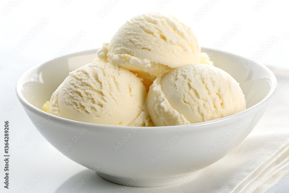 Creamy Vanilla Ice Cream Scoops in a White Bowl: Delicious Summer Treat Creamy Vanilla Ice Cream Scoops in a White Bowl: Delicious Summer Treat