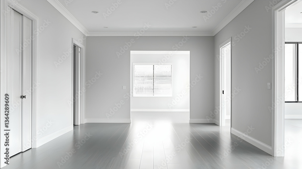 Modern White Interior With Open Doors Hallway Hardwood Floor and Bright Lighting Perspective View Modern White Interior With Open Doors Hallway Hardwood Floor and Bright Lighting Perspective View