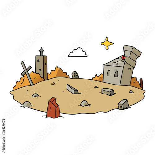 A devastated war zone filled with crumbling ruins, shattered buildings, and scattered debris—echoes of destruction linger in the air, telling stories of conflict and loss.