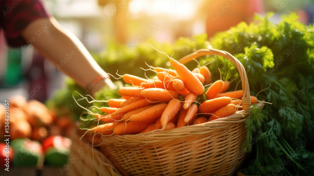 fresh carrot in basket on market background day light