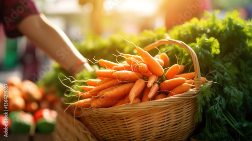 Obraz na płótnie fresh carrot in basket on market background day light w salonie