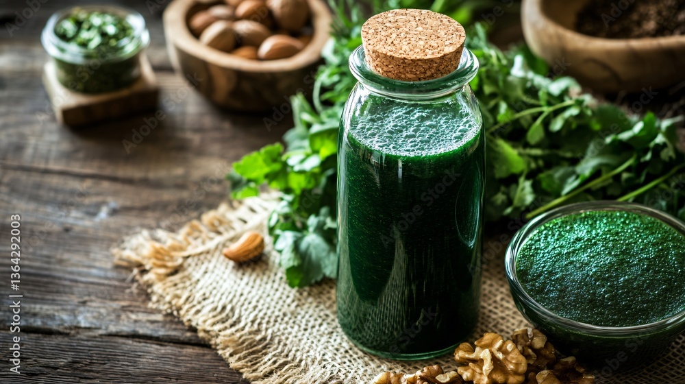 A countryside-inspired spirulina smoothie in a glass bottle, with fresh herbs and nuts surrounding it on a burlap cloth A countryside-inspired spirulina smoothie in a glass bottle, with fresh herbs and nuts surrounding it on a burlap cloth