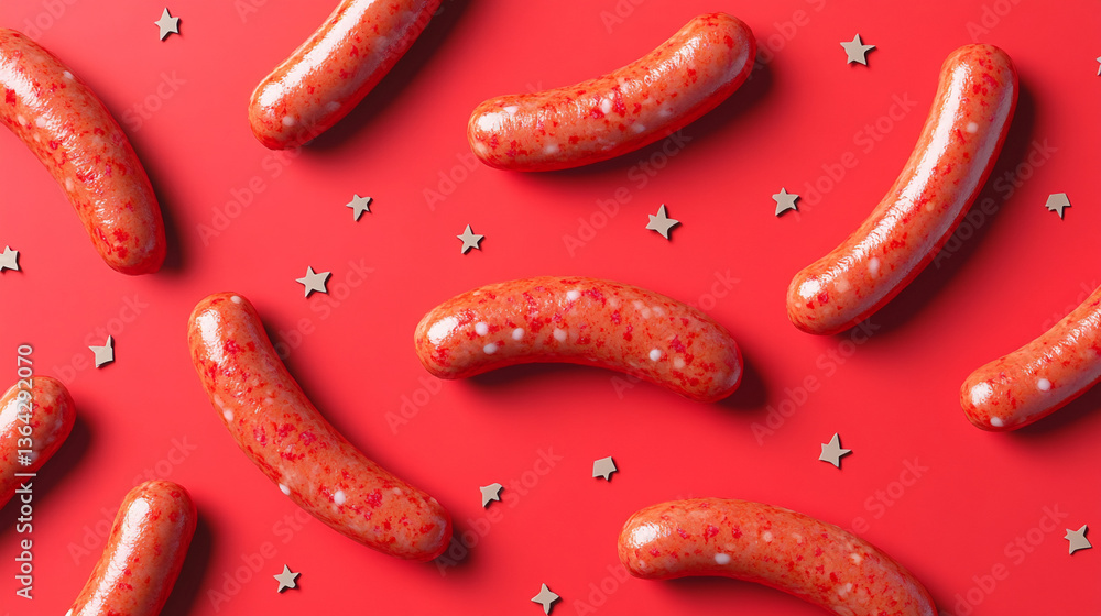 Festive frankfurters arrangement on vibrant red background with star shapes Festive frankfurters arrangement on vibrant red background with star shapes