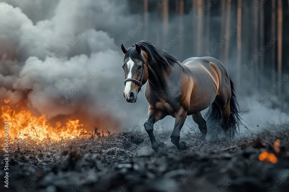 black horse is depicted in profile, its imposing silhouette highlighted against the background