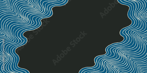 Hand drawn brush lines abstract wave border, Japanese wood carving, block print textured background frame with space for copy, minimal graphic for card, stationary, decoration