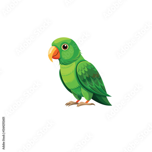 A green parrot with colorful feathers perched on a branch, isolated on a white background, showcasing its exotic and tropical nature