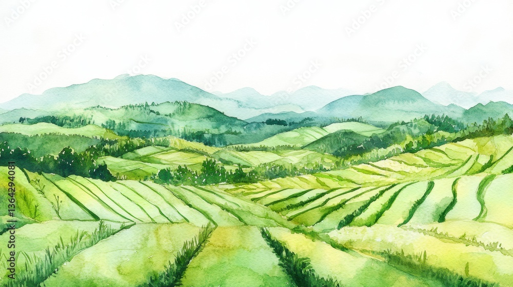 Fototapeta premium Vibrant watercolor landscape showcasing rice paddies, wheat fields, and tea plantations in lush green hills during a spring day
