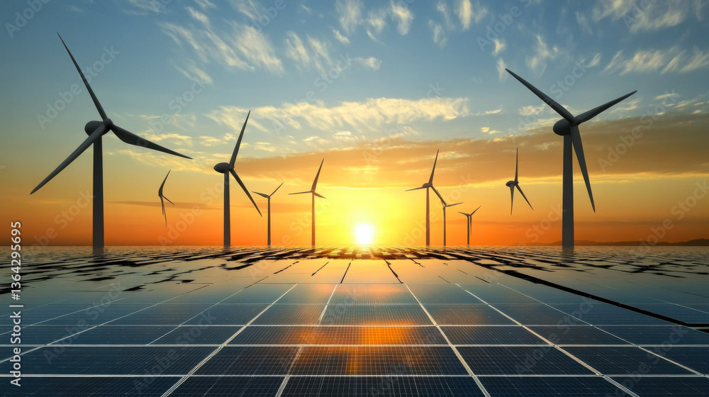 solar panels with wind turbines and sunset. concept clean energy in nature
