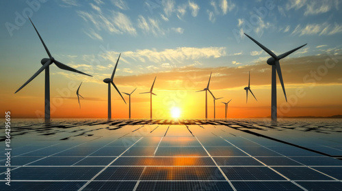 Obraz na płótnie solar panels with wind turbines and sunset. concept clean energy in nature w salonie