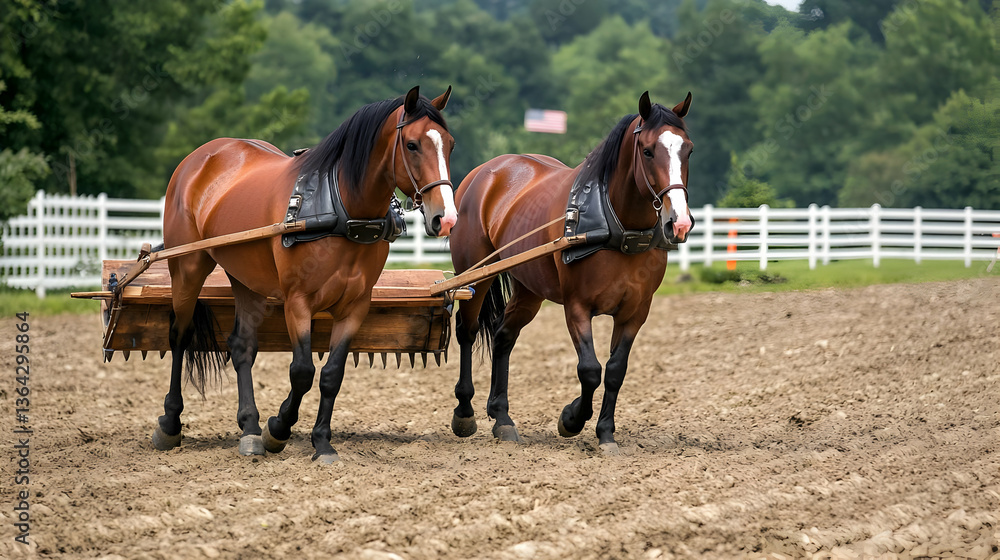 Pair Of Brown Draft Horses Pulling A Carriage On A Farm Pair Of Brown Draft Horses Pulling A Carriage On A Farm