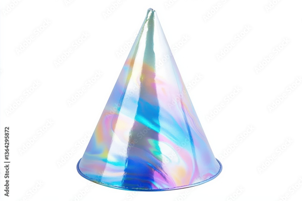 Fototapeta premium Shiny holographic party hat on a white background, perfect for celebrations and festive events