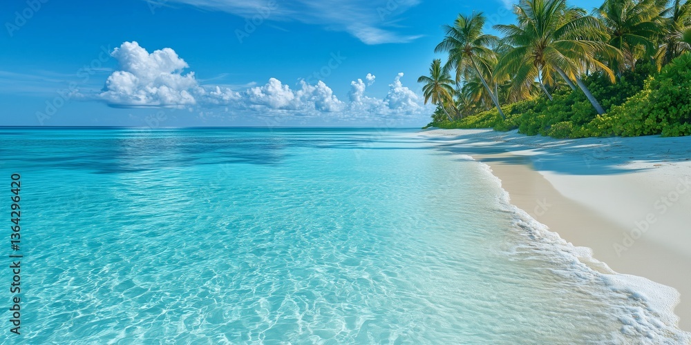 Fototapeta premium Tropical Beach with Clear Turquoise Water, White Sand, and Coconut Palm Trees Under a Bright Blue Sky – Idyllic Summer Paradise Coastal Landscape