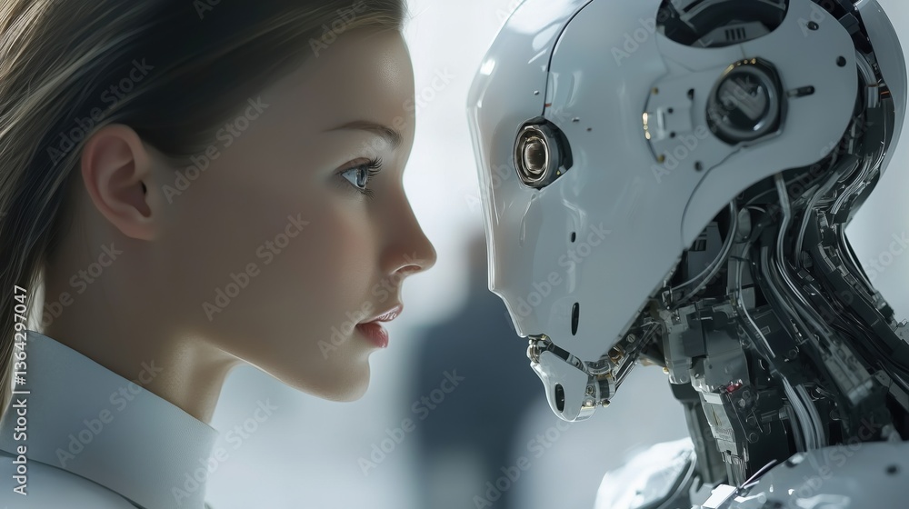 Fototapeta premium Futuristic Encounter: A Beautiful Human Woman Engaging in an Intense Stare with a Highly-Detailed Android Robot, Featuring Realistic Textures and Soft Lighting in a Sci-Fi Environment