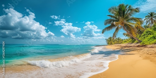 Wallpaper Mural Tropical Beach with Clear Turquoise Water, White Sand, and Coconut Palm Trees Under a Bright Blue Sky – Idyllic Summer Paradise Coastal Landscape Torontodigital.ca