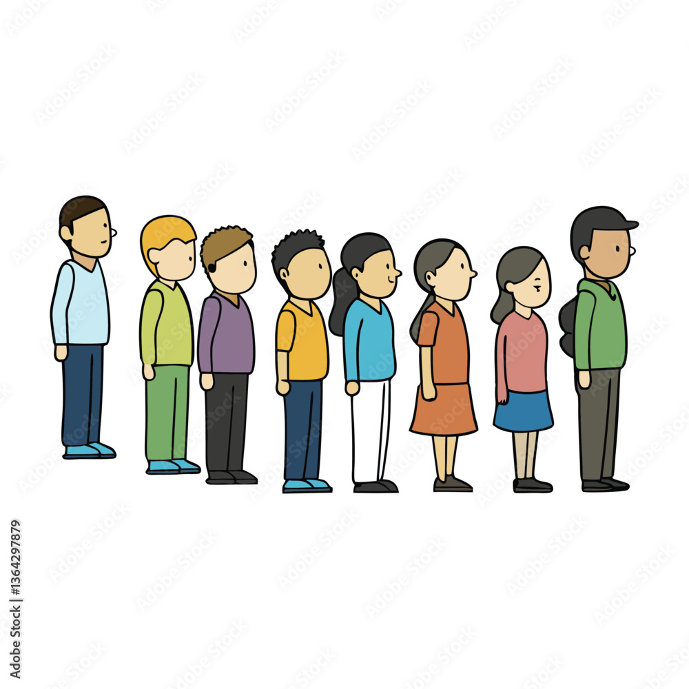 People standing in a line, seen from behind, waiting patiently. Various ages and clothing styles suggest a diverse group in a casual, everyday setting. People standing in a line, seen from behind, waiting patiently. Various ages and clothing styles suggest a diverse group in a casual, everyday setting.