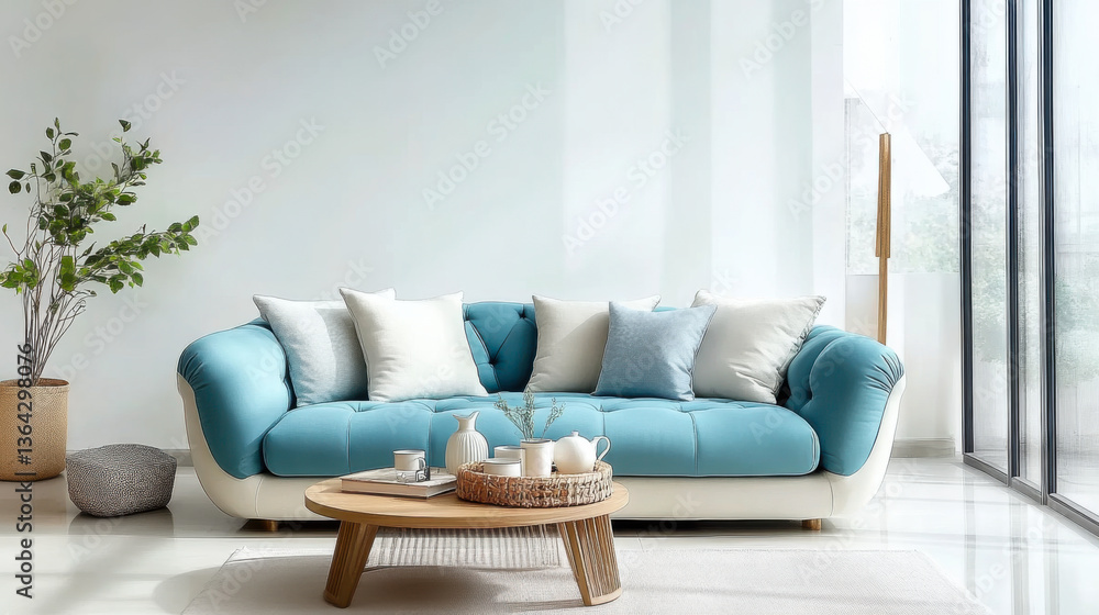 sofa in spacious room against blank white wall with copy space Scandinavian interior design of modern living room
