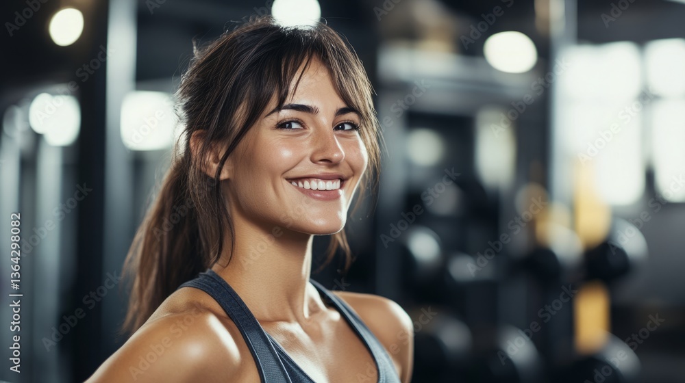Confident woman smiling, radiating health and strength, with a blurred gym background.
Confident woman smiling, radiating health and strength, with a blurred gym background.