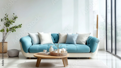 Obraz na płótnie sofa in spacious room against blank white wall with copy space Scandinavian interior design of modern living room w salonie