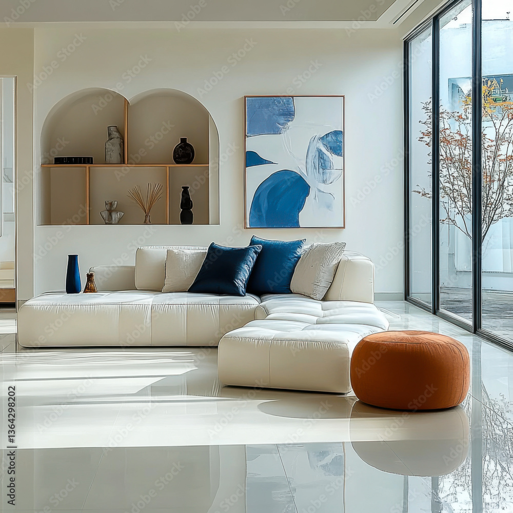 Minimalist interior design of modern living room wiht blue and orange sofa
