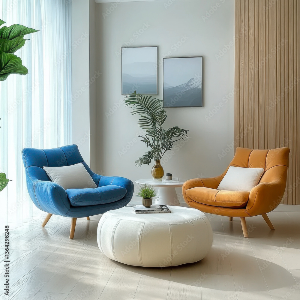 Scandinavian style and interior design modern living room with colorful armchairs