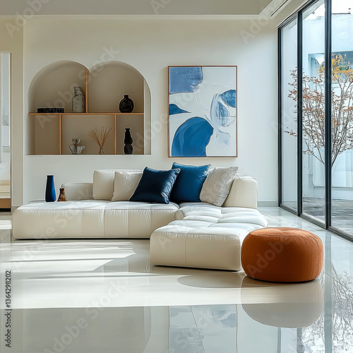 Obraz na płótnie Minimalist interior design of modern living room wiht blue and orange sofa w salonie