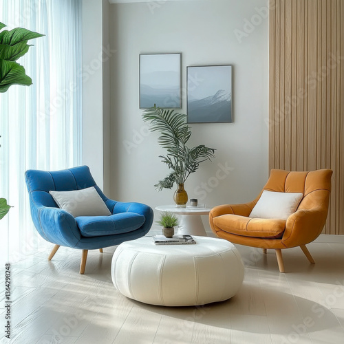 Obraz na płótnie Scandinavian style and interior design modern living room with colorful armchairs w salonie