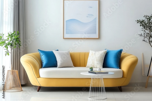 Obraz na płótnie Yellow curved sofa and accent table with poster frame. Scandinavian, minimalist interior design living room w salonie