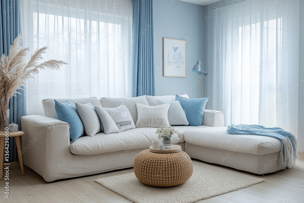 minimalist living room with light colored laminate and blue tone