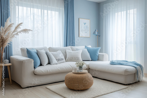 Obraz na płótnie minimalist living room with light colored laminate and blue tone w salonie