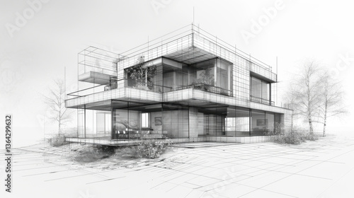 Obraz na płótnie showing different design phases, from handmade rough sketch, construction specifications to realistic 3D rendering w salonie