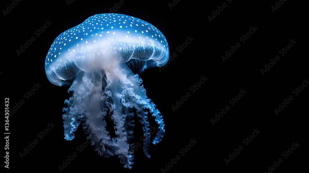 Luminescent jellyfish against black background. Detailed view of a glowing, translucent blue jellyfish with white speckled dots, large bell, and flowing tentacles Luminescent jellyfish against black background. Detailed view of a glowing, translucent blue jellyfish with white speckled dots, large bell, and flowing tentacles