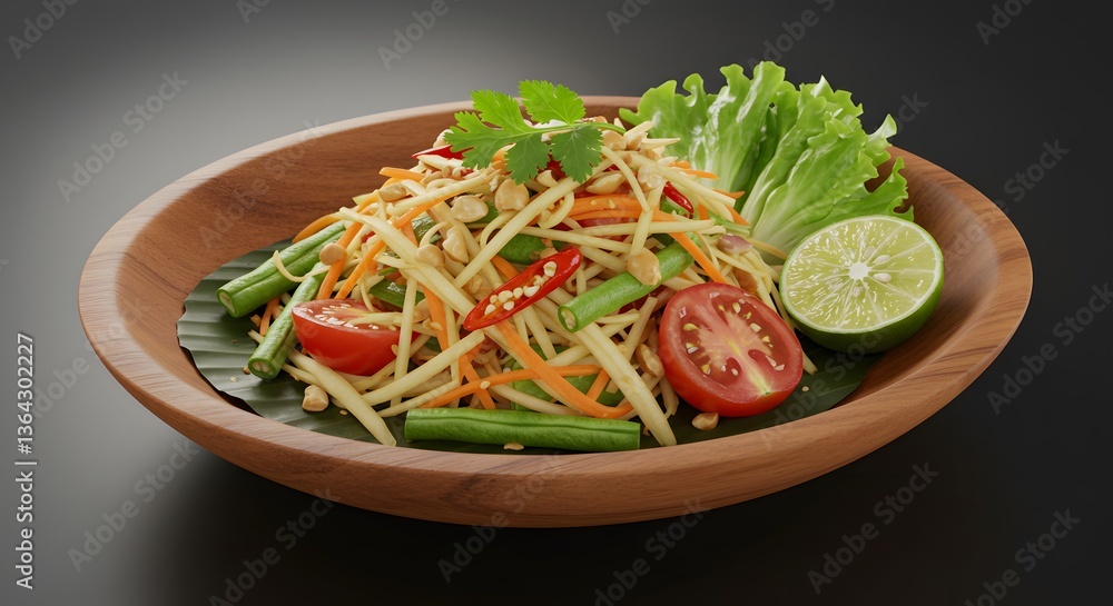 Thai food a vibrant papaya salad with peanuts tomatoes and lime in a wooden bowl called Som Tam Thai food a vibrant papaya salad with peanuts tomatoes and lime in a wooden bowl called Som Tam