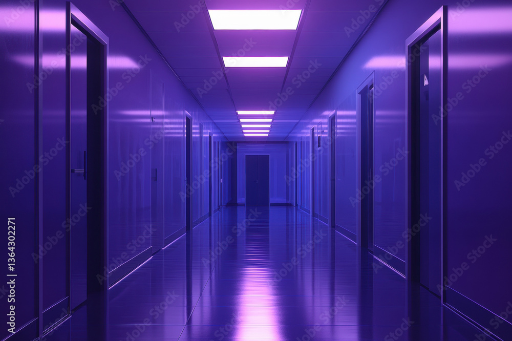 Fototapeta premium A modern office corridor with clean walls and lighting, inside a building with doors and a long empty hallway