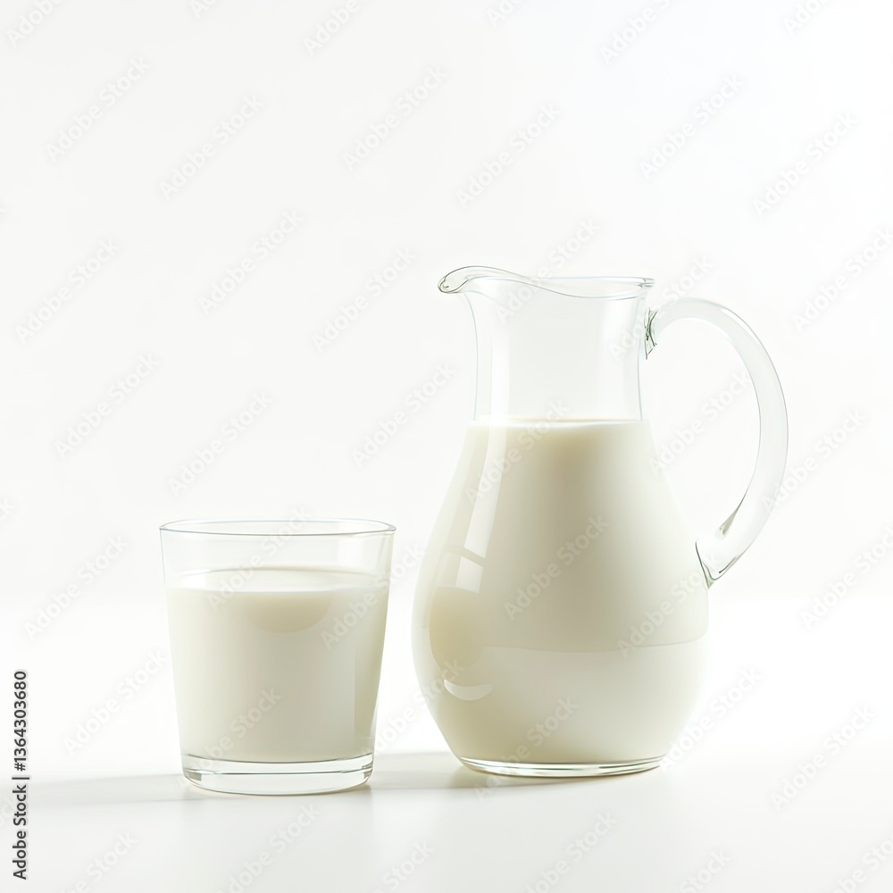 High-quality image fresh milk in clear glass and jug, isolated on white background, dairy industry and nutrition concepts High-quality image fresh milk in clear glass and jug, isolated on white background, dairy industry and nutrition concepts