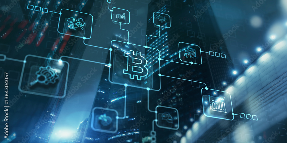 Bitcoin on corporate skyscrapers and office blocks background. Cryptocurrency future Technology Bitcoin on corporate skyscrapers and office blocks background. Cryptocurrency future Technology