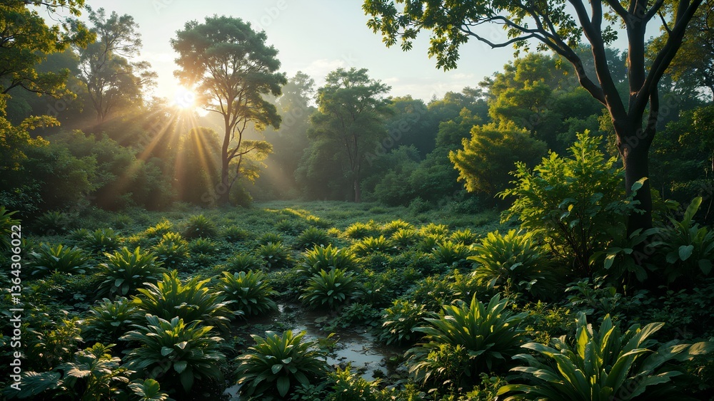 Fototapeta premium Serene Sunrise Over Lush Green Forest Landscape with Sunlight Beams